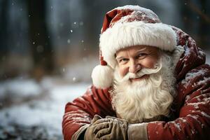 santa claus com uma cinzento branco barba carregando presentes. feriado cartão.generativo ai foto