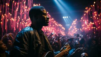 uma pele escura homem tocam guitarra dentro uma show corredor. guitarrista.generativo ai foto