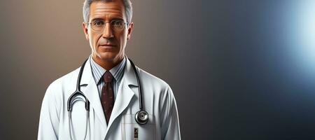 uma masculino médico dentro uma branco médico casaco e uma estetoscópio. cópia de espaço. generativo ai foto