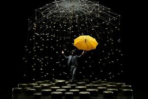 homem com amarelo guarda-chuva, Preto background.generative ai foto