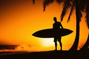 silhueta do uma surfista com uma prancha de surfe às pôr do sol. ai gerado foto