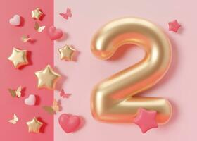 dourado número dois em Rosa fundo. 2 anos velho. segundo aniversário celebração. meninas Festa. bebê menina comemora. especial evento. aniversário do a beleza empresa, mulheres negócios. 3d renderizar. foto