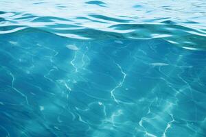 ondulado, azul água superfície com luz reflexões. embaixo da agua. abstrato fundo. spa, período de férias conceito. oceano, piscina ou mar. generativo ai. foto