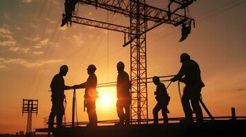 silhueta trabalhadores construção do a extensão do alta voltagem torres. ai gerado foto