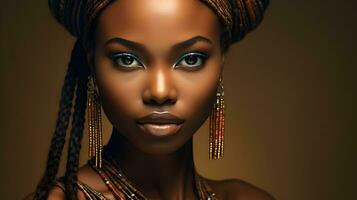 retrato fechar-se beleza fantasia africano mulher. ai gerado foto