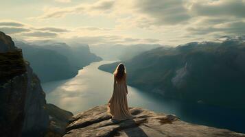 menina em uma penhasco com uma enorme lago dentro a fundo. ai gerado foto