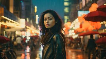 uma tailandês mulher em pé graciosamente dentro a chuva em uma movimentado cidade rua ai gerado foto