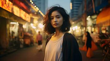 uma tailandês mulher em pé em uma cidade rua às noite ai gerado foto