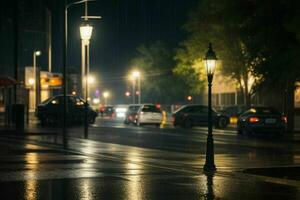 cidade rua às chuvoso noite estrada e luzes da rua às noite fundo. ai generativo pró foto