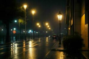 cidade rua às chuvoso noite estrada e luzes da rua às noite fundo. ai generativo pró foto