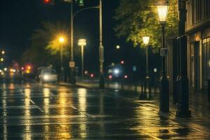 cidade rua às chuvoso noite estrada e luzes da rua às noite fundo. ai generativo pró foto