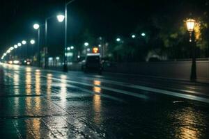 cidade rua às chuvoso noite estrada e luzes da rua às noite fundo. ai generativo pró foto