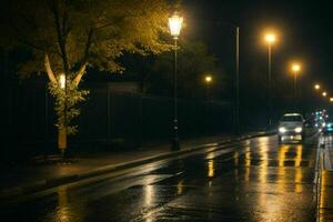 cidade rua às chuvoso noite estrada e luzes da rua às noite fundo. ai generativo pró foto