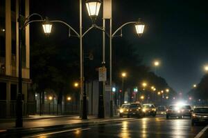 cidade rua às chuvoso noite estrada e luzes da rua às noite fundo. ai generativo pró foto