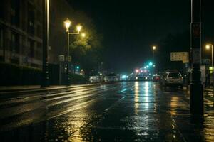 cidade rua às chuvoso noite estrada e luzes da rua às noite fundo. ai generativo pró foto