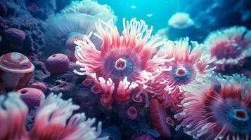 anêmona actínia textura embaixo da agua recife mar coral. ai gerado foto