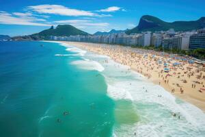 Visão do Copacabana de praia dentro rio de janeiro, brasil, Copacabana de praia dentro rio de janeiro, brasil. Copacabana de praia é a a maioria famoso de praia do rio de janeiro, brasil, ai gerado foto