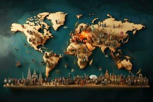 miniatura pessoas dentro frente do uma mundo mapa. 3d Renderização, multidão do multicultural pessoas composição uma mundo mapa, ai gerado foto