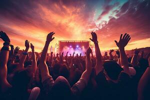 silhueta do show multidão com elevado mãos às uma música festival, multidão levantando mão dentro a ar e desfrutando show em uma festival, ai gerado foto