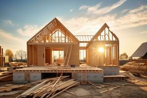 construção do uma Novo casa dentro a Formato do uma de madeira quadro, construção do uma Novo casa. construção do uma Novo casa com uma de madeira quadro, ai gerado foto