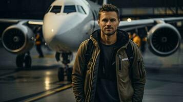 uma masculino aviação engenheiro trabalhador carrinhos dentro uma hangar dentro frente do a avião foto