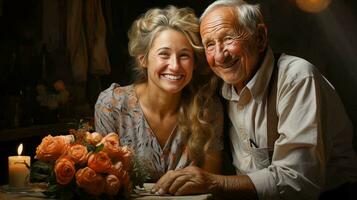 a idosos casal dentro amor, uma homem e uma mulher, estão sentado às uma mesa, olhando às cada de outros com amor e sorridente foto