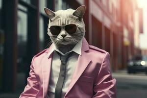 uma gato é vestindo oculos de sol, terno e em pé em rua. ai gerado foto