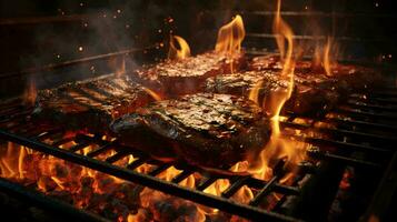 delicioso carne frito bifes em a grade cozinhou em fogo foto