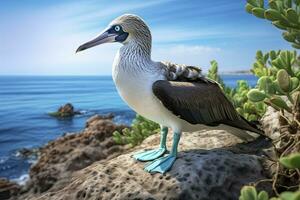 a raro de pés azuis booby descansos em a de praia. ai gerado foto