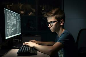 Adolescência Garoto jogando computador jogos dentro Sombrio quarto às noite. adolescente com Óculos e azul camiseta. uma nerd Garoto é programação às uma computador dentro uma sala, ai gerado foto