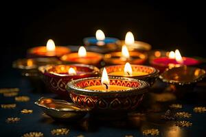 indiano festival Diwali, diya óleo lâmpadas aceso em colorida rangoli. hindu tradicional, diwali festival do luzes tradição diya óleo lâmpadas contra Sombrio fundo, ai gerado foto