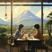 jovem casal sentado em cadeira às uma pequeno cafeteria, bebendo café Veja às pôr do sol névoa floresta e montanha visualizar, aguarela ilustração, ai gerado foto
