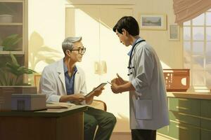 paciente dentro a médico escritório. médico consulta. Visita. moderno clínica. diagnóstico. desenho animado ilustração. médico encontro, ai gerado foto