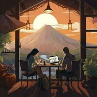 jovem casal sentado em cadeira às uma pequeno cafeteria, bebendo café Veja às pôr do sol névoa floresta e montanha visualizar, aguarela ilustração, ai gerado foto