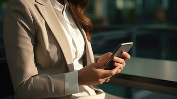 empresária dentro formal traje. ela é feliz e alegre enquanto usando smartphones e trabalhando. jovem empresária usando apps em célula telefones, lendo notícias, velozes conexão. ai gerado foto