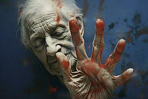 Palma do a mão do a velho mulher. ilustração 3d, azul fundo foto