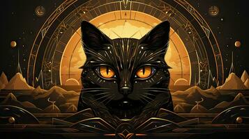 vetor ilustração do uma Preto gato em a fundo do egípcio planeta. foto