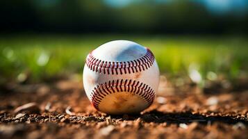 uma fechar-se Visão do beisebol em bem mantido campo interno giz linha dentro ao ar livre Esportes campo, fechar-se Visão com rico Castanho e branco contraste, blured fundo, gerado por IA foto