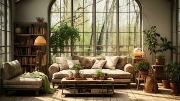 vintage boho interior quarto Projeto cheio de plantas boêmio cena para inspirado interior brincar arte dentro autêntico ambiente, gerado por IA foto