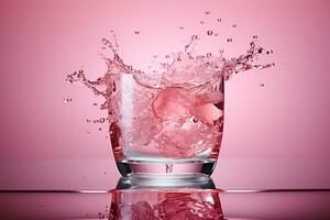 refrescante Rosa água dentro uma cristal Claro vidro - suave estética e visual deleite bolhas e ondas respingo, gerado por IA foto