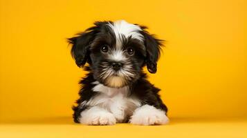 uma Preto e branco cachorro sentado em uma amarelo fundo ai generativo foto