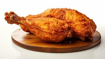 uma frito frango em uma de madeira prato em uma branco fundo ai generativo foto