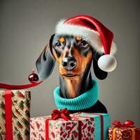 dachshund dentro papai noel chapéu e presentes gráfico para Natal foto