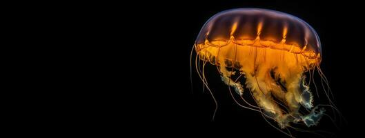 Preto mar urtiga, raro laranja medusa, Sombrio fundo. ai gerado. foto