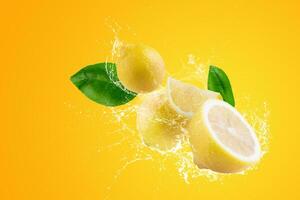 criativo disposição fez a partir de fresco fatiado limão fruta e água espirrando em uma verde fundo. foto