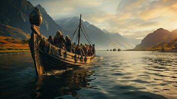 vikings em uma barco dentro a fiorde às pôr do sol. foto