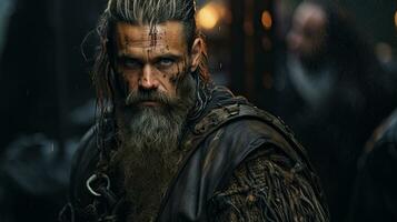 bonito barbudo viking homem com grandes cinzento barba e bigode. foto