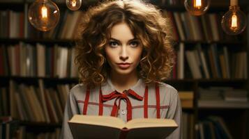 retrato do uma lindo jovem mulher lendo uma livro dentro a biblioteca. foto
