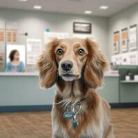 uma cachorro sentado dentro veterinário clínica. ai gerado foto