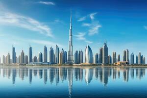 dubai Horizonte com arranha-céus refletido dentro água, Unidos árabe emirados, dubai o negócio baía panorâmico visualizar, uae, ai gerado foto